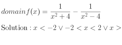 The domain of f(x)= 1/(x^2+4)-1/(x^2-4) is x<-2\lor-2<x<2\lor x>2